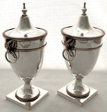 19th Century Pair of Silver Plate on Copper Ram Mask Covered Urns