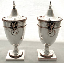 19th Century Pair of Silver Plate on Copper Ram Mask Covered Urns