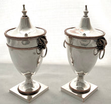 19th Century Pair of Silver Plate on Copper Ram Mask Covered Urns