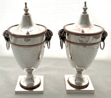 19th Century Pair of Silver Plate on Copper Ram Mask Covered Urns