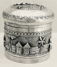 Anglo Indian Lucknow Village Pattern Silver Cylindrical Box & Cover, circa 1900 - 1920. 2.8 troy ounces.