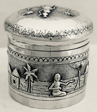 Anglo Indian Lucknow Village Pattern Silver Cylindrical Box & Cover, circa 1900 - 1920. 2.8 troy ounces.