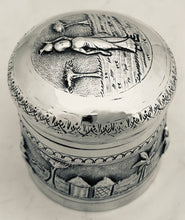 Anglo Indian Lucknow Village Pattern Silver Cylindrical Box & Cover, circa 1900 - 1920. 2.8 troy ounces.