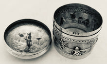 Anglo Indian Lucknow Village Pattern Silver Cylindrical Box & Cover, circa 1900 - 1920. 2.8 troy ounces.