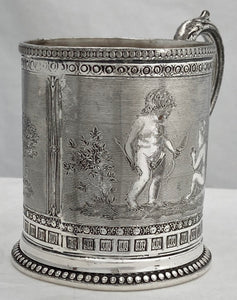 Late Victorian Silver Plated Christening Mug Detailed with Putti, circa 1870 - 1900.