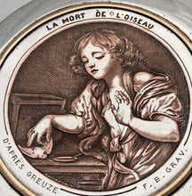 French Silvered Circular Table Snuff Box Engraved with 'La Mort de L'Oiseau', after Jean-Baptiste Greuze. Circa 1900.