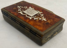 19th Century Horn Table Snuff Box with Tortoiseshell Cover and Ivory Inlay.