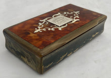 19th Century Horn Table Snuff Box with Tortoiseshell Cover and Ivory Inlay.