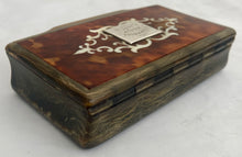 19th Century Horn Table Snuff Box with Tortoiseshell Cover and Ivory Inlay.