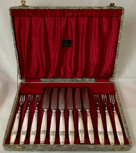 Cased Set of Silver Plated Dessert Cutlery Set for Six by Elkington & Co. Retailed by Manoah Rhodes.