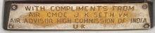 Air Commodore Jagdish Kumar Seth Indian Air Force Presentation Plaque.