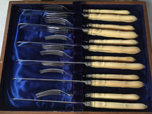 Early Victorian cased set of silver and ivory dessert knives and forks for six. Sheffield 1846 Thomas Sansom