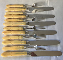 Early Victorian cased set of silver and ivory dessert knives and forks for six. Sheffield 1846 Thomas Sansom