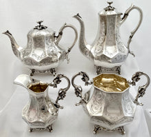 Victorian Silver Plated Four Piece Tea & Coffee Set of Panelled Form on Scroll Feet, circa 1870.