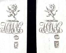 George III Cased Set of Crested Silver & Mother of Pearl Dessert Knives & Forks for Twelve, circa 1810.