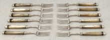 George III Cased Set of Crested Silver & Mother of Pearl Dessert Knives & Forks for Twelve, circa 1810.