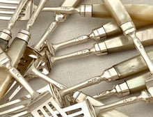 George III Cased Set of Crested Silver & Mother of Pearl Dessert Knives & Forks for Twelve, circa 1810.