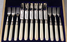 Edward VII fitted case of silver ferruled & ivory handled dessert knives & forks for twelve. Sheffield 1906/07 John Round & Son Ltd.