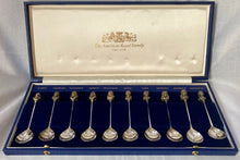 "The American Royal Family". Ten Silver Spoons with Cast Gilt Monarch Finials. London 1977 Library of Imperial History.   11.3 troy ounces.