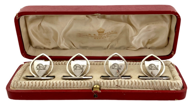 Edwardian Cased Set of Four Silver Place Card Holders. Birmingham 1908-11 John William Barrett. 2.8 troy ounces.