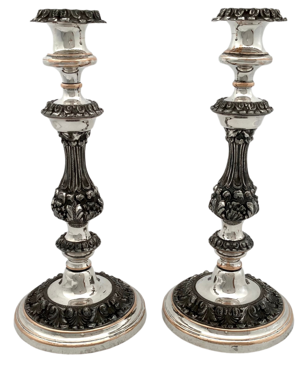 George IV Pair of Old Sheffield Plate Candlesticks, circa 1820 - 1830.