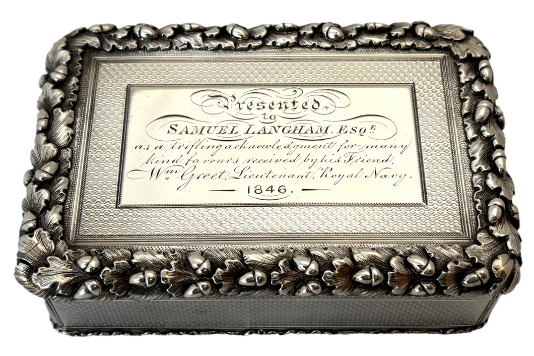 Lieutenant William Greet, Royal Navy, Silver Table Snuff Box. London 1845 Edward Edwards. 8.7 troy ounces.