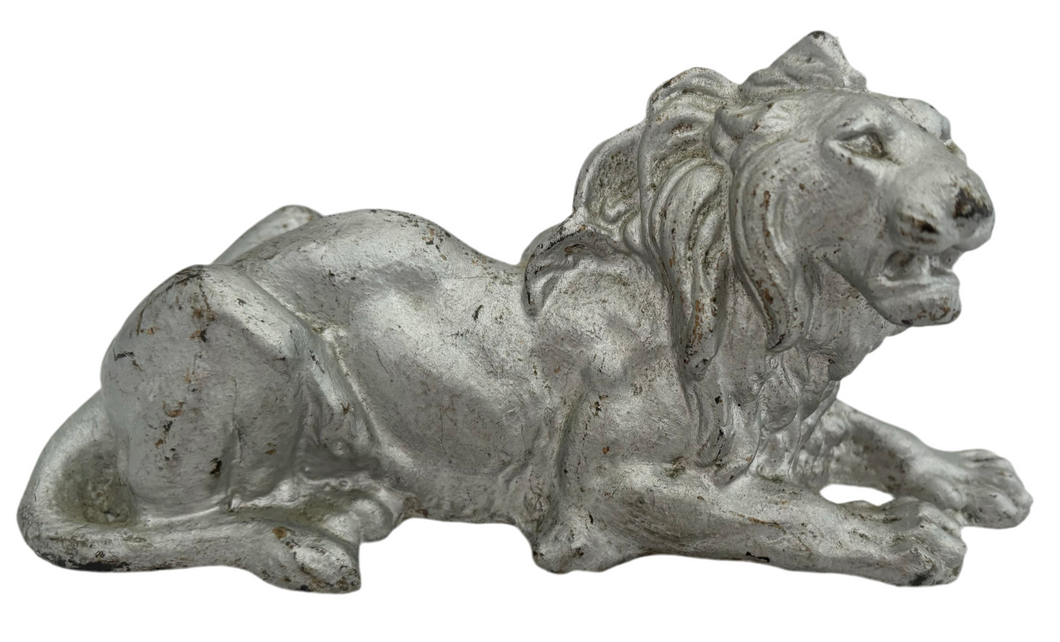 19th Century Silvered Cast Iron Recumbent Lion.