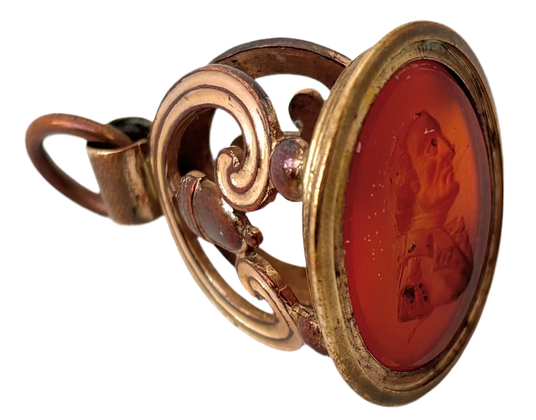 Late 18th Century Gilt Metal Military Officer Portrait Profile Intaglio Fob Seal.