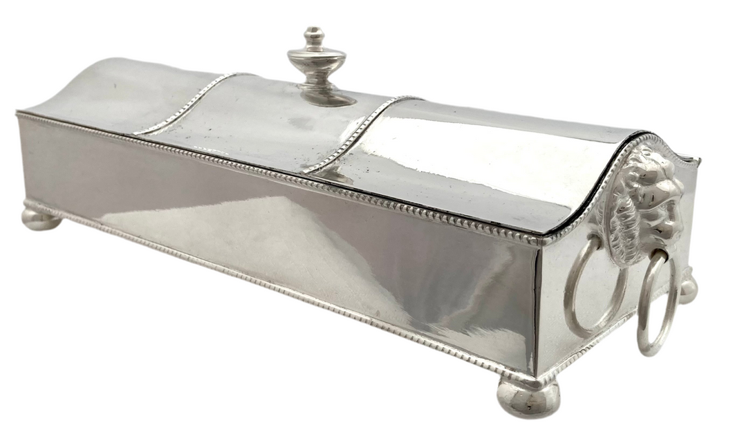 Silver Plated Inkstand with Lion Mask Handles.