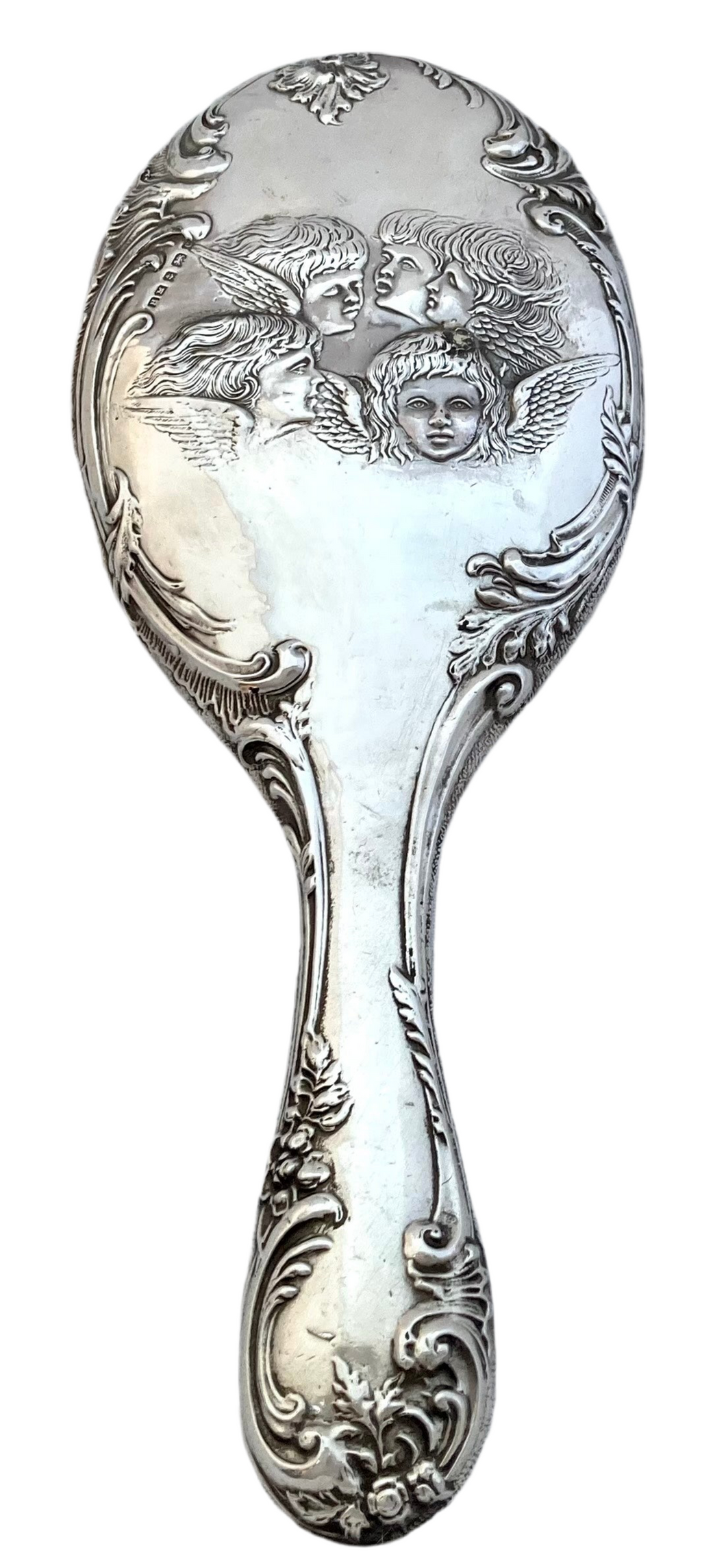 Edwardian Reynolds Angels Silver Hand Mirror. Birmingham 1902 Henry Matthews.