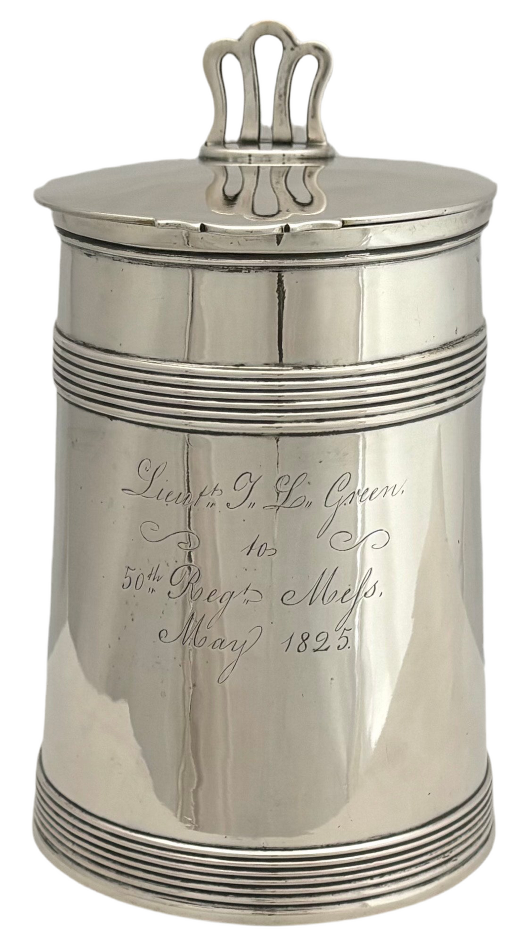 50th Regiment of Madras Native Infantry, British Indian Army, Silver Lidded Tankard. George Gordon & Co. Madras, circa 1825. 14.4 troy ounces.