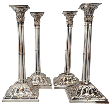 George III Set of Four Old Sheffield Plate Cluster Column Candlesicks. Henry Tudor & Co., circa 1770.