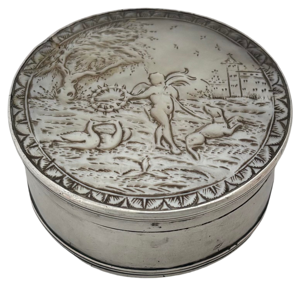 Early 19th Century Continental White Metal and Carved Mother of Pearl Box.