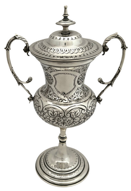 Late Victorian Silver Plated Trophy Cup & Cover with Four Vacant Cartouches.