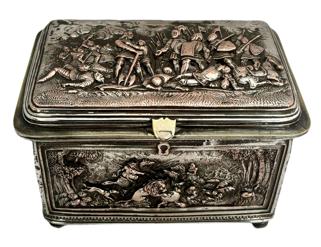 Late 19th Century Large Electrotype Silver Plate on Copper Casket.