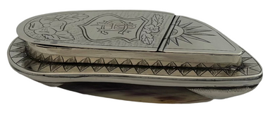 Victorian White Metal Mounted Mussel Shell Snuff Box, circa 1880 - 1900.