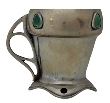 Arts & Crafts Pewter and Ruskin Cabochon Set Mug with Open Teardrop Whiplash Handle.