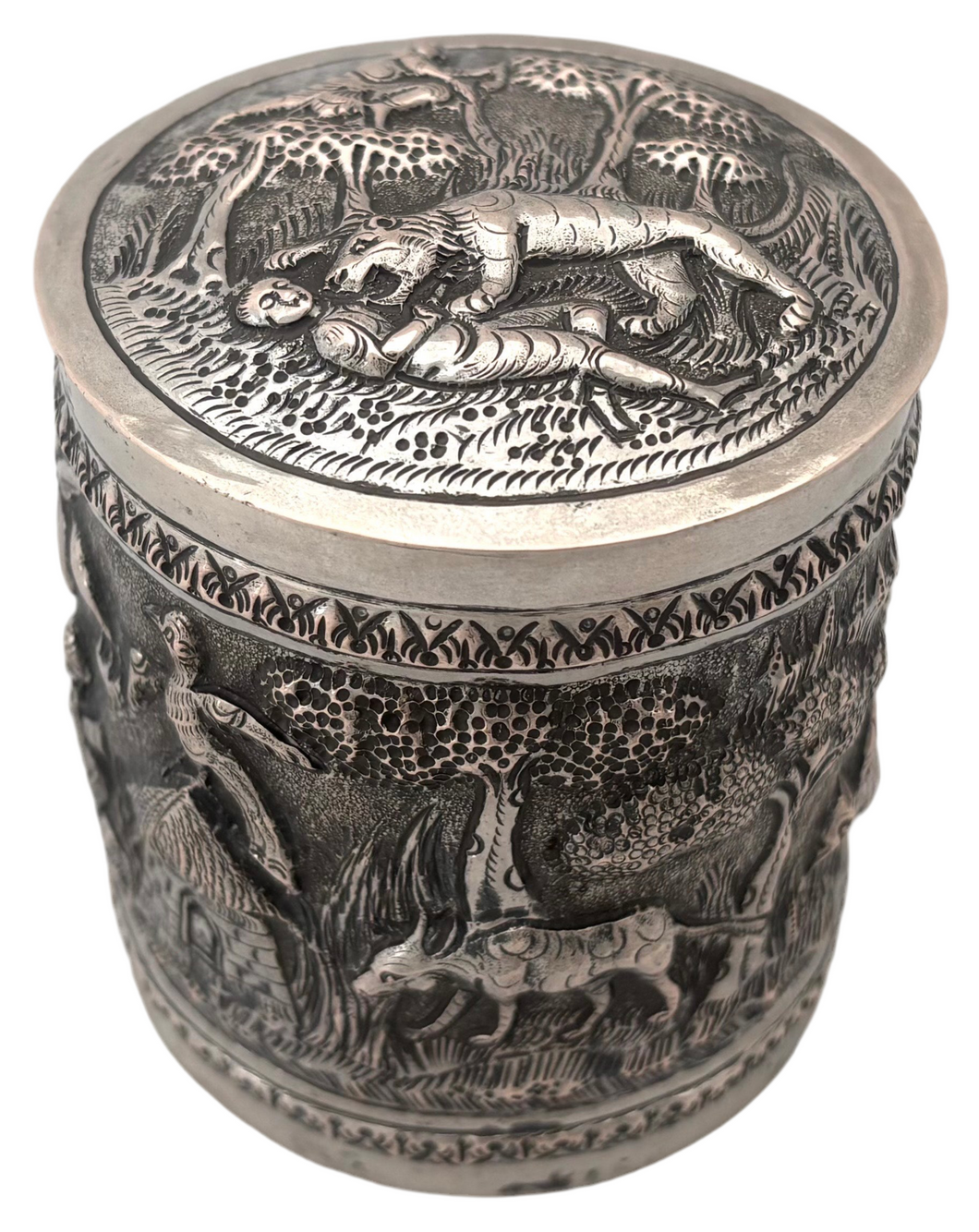 Indian Silver Cylindrical Caddy Box & Cover, Lucknow, circa 1900. 2.8 troy ounces.