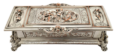 Victorian Neoclassical Silver Plated Figural Casket. Elkington & Co. circa 1865.