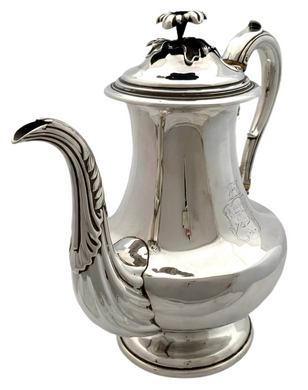 William IV Silver Coffee Pot. Arms of Ridley & Johnson. Sheffield 1835 Hawksworth & Eyre. 23.9 troy ounces.