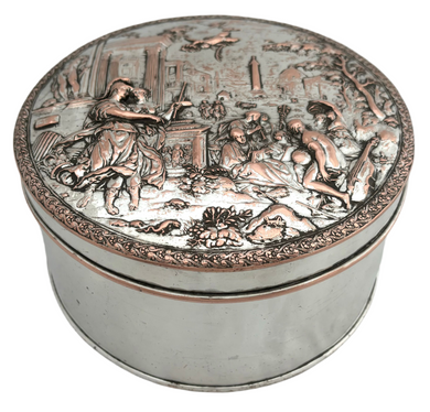 Silver Plate on Copper Biscuit Box with Neoclassical Relief Detail Cover.