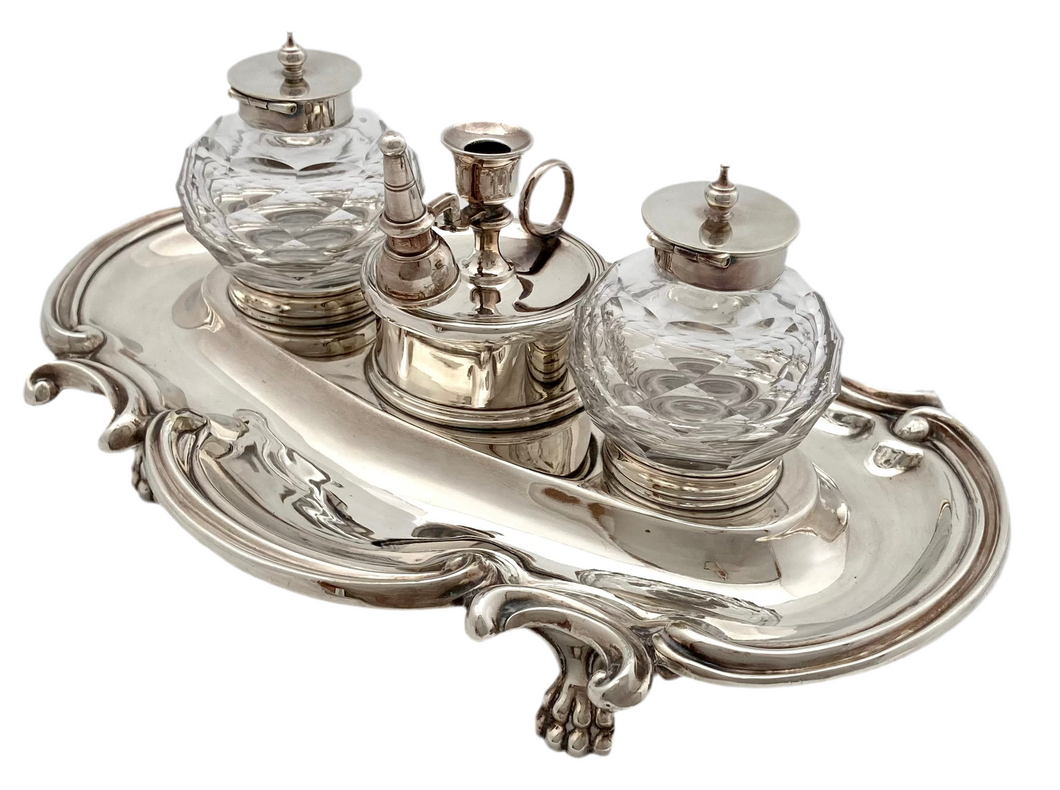 Silver Plated Inkstand with Twin Inkwells & Taperstick Holder.