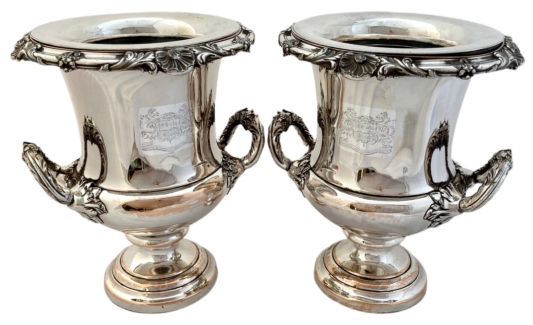 George IV Pair of Old Sheffield Plate Wine Coolers. Arms of Hicks & Bailey. Blagden, Hodgson & Co, Sheffield circa 1820.