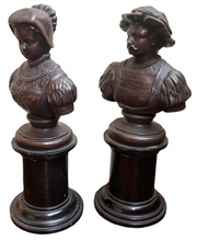 Pair of Continental Bronzed Metal Library Busts Depicting A Renaissance Period Lady & Gentleman.
