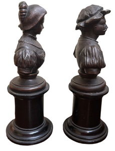 Pair of Continental Bronzed Metal Library Busts Depicting A Renaissance Period Lady & Gentleman.