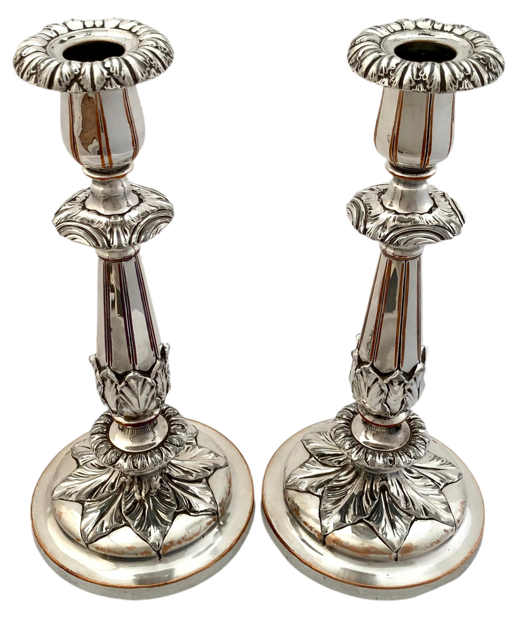 Late Georgian Pair of Old Sheffield Plate Candlesticks. Roberts, Smith & Sissons. circa 1830 - 1840.