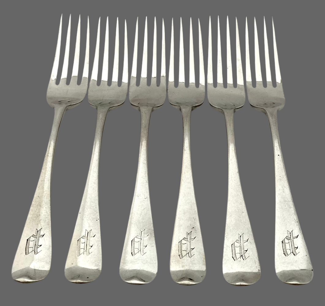 Six Early Victorian Silver Dessert Forks. York 1841 James Barber & William North. 8.3 troy ounces.