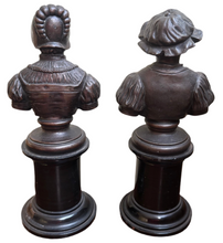 Pair of Continental Bronzed Metal Library Busts Depicting A Renaissance Period Lady & Gentleman.