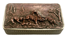 19th Century Snuff Box with Hunting Scene Copper Relief Panel.