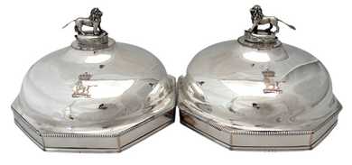 George III Pair of Octagonal Old Sheffield Plate Dish Covers with Silver Lion & Coronet Finials & Crests for Earls Talbot / Shrewsbury.